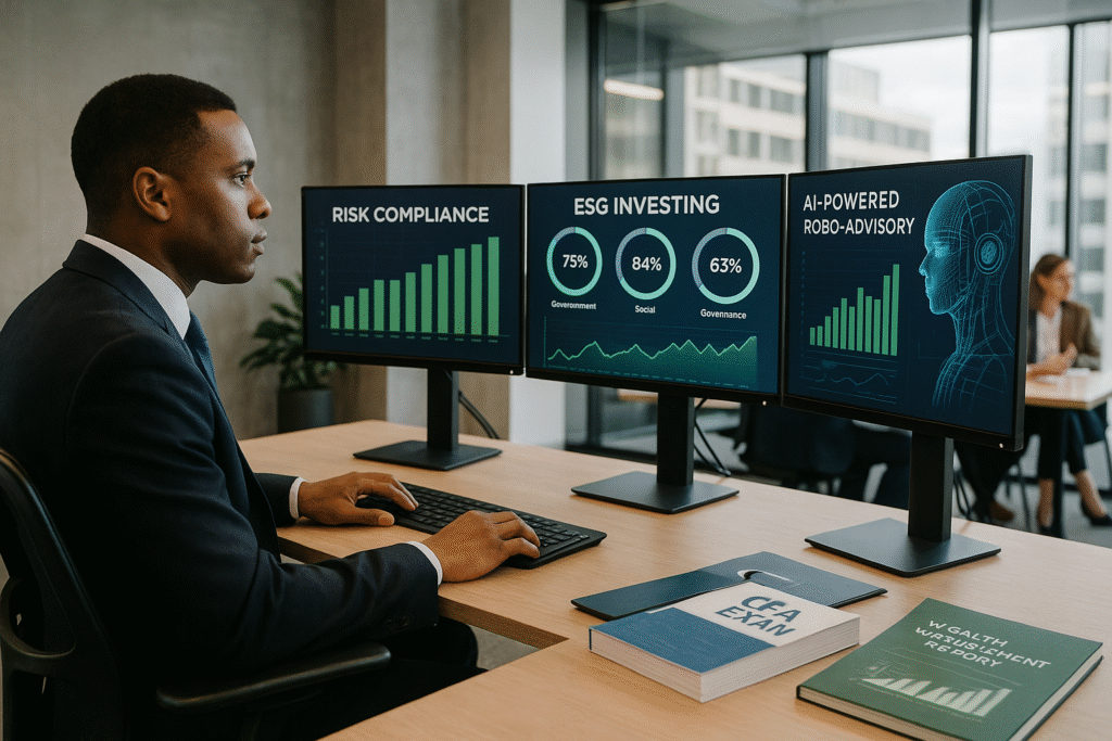 A CFA-certified professional in a modern U.S. fintech office analyzing ESG investment data on three monitors displaying risk compliance, ESG metrics, and AI-powered robo-advisory charts, with CFA exam books, wealth management reports, and startup founders discussing strategy at a meeting table in the background.