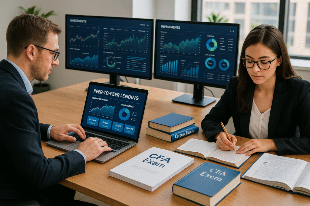 Modern office with two professionals: a man analyzing peer-to-peer lending data on a laptop with investment dashboards on monitors, and a woman studying CFA exam materials with books and notes, both in professional attire.