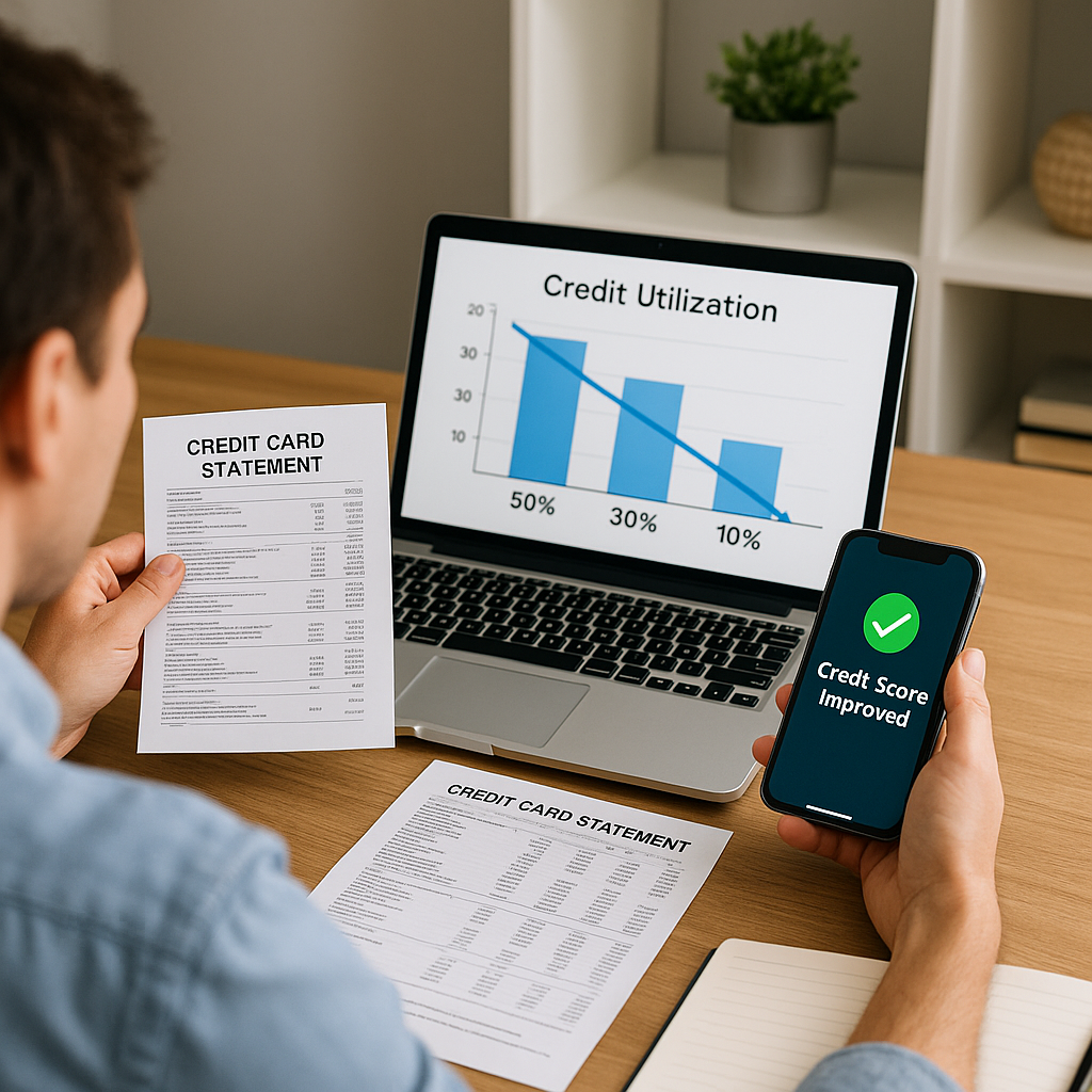 A person sitting at a desk in a modern home office reviews printed credit card statements while looking at a laptop screen showing a credit utilization chart dropping from 50% to 30% to 10%. The individual also holds a smartphone displaying a notification that reads “Credit Score Improved.” The scene is well-lit with a professional financial planning atmosphere.