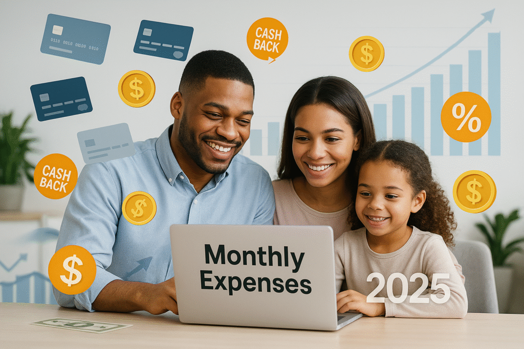 A smiling modern U.S. family of three — father, mother, and young daughter — sits together at a table reviewing monthly expenses on a laptop labeled “Monthly Expenses.” Surrounding them are floating icons of credit cards, dollar signs, cashback labels, and percentage symbols, with an upward financial growth chart in the background. The scene has bright professional lighting and a futuristic 2025 money-saving theme.