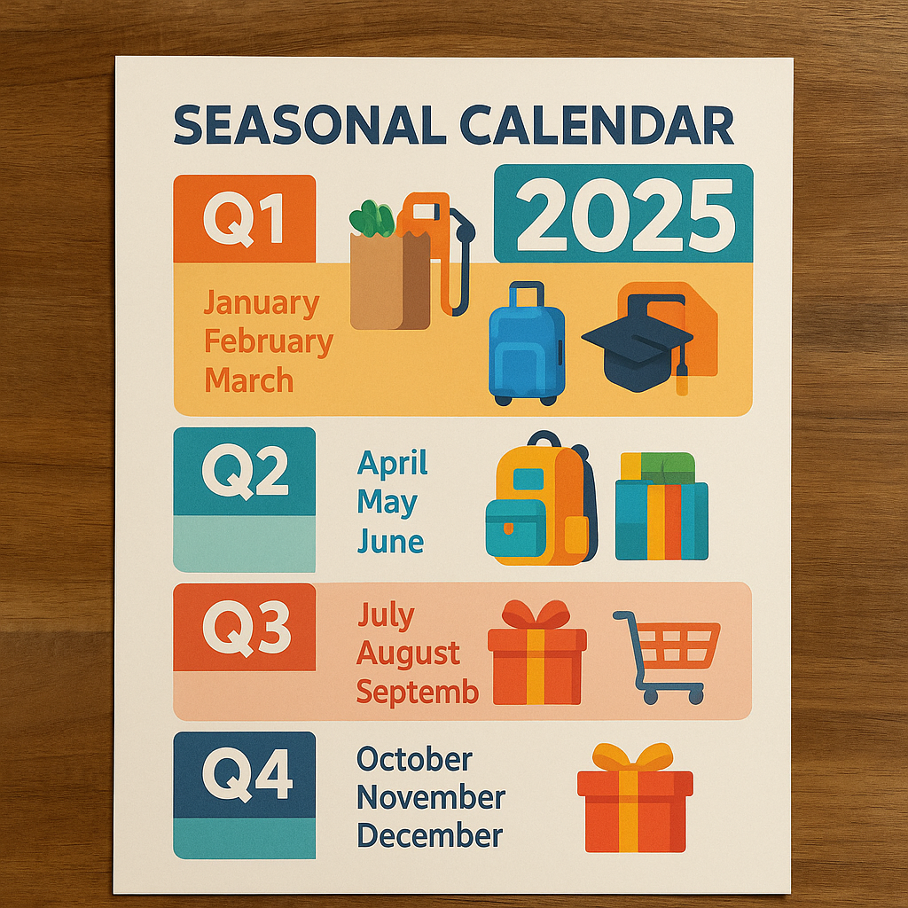 A printed 2025 seasonal calendar infographic placed on a wooden desk. The calendar is divided into four colorful sections: Q1 (January–March) with grocery, gas pump, travel, and graduation icons; Q2 (April–June) with backpack and gift icons for travel and celebrations; Q3 (July–September) with gift and shopping cart icons for back-to-school and seasonal spending; and Q4 (October–December) with a holiday gift icon. The design is modern, vibrant, and financial-themed.