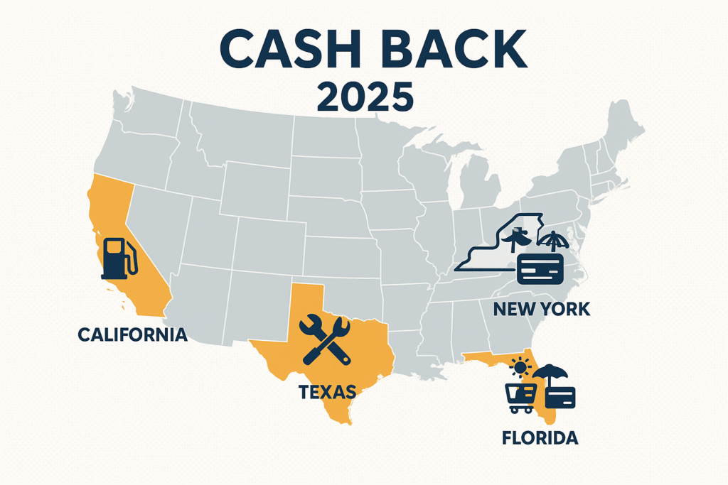 A modern infographic map of the United States titled “Cash Back 2025,” highlighting four states in orange: California with a gas pump icon, Texas with home improvement tools, New York with a grocery cart and subway/credit card icon, and Florida with a beach umbrella, sun, shopping cart, and credit card icon. Clean, professional design representing personal finance and cashback themes.