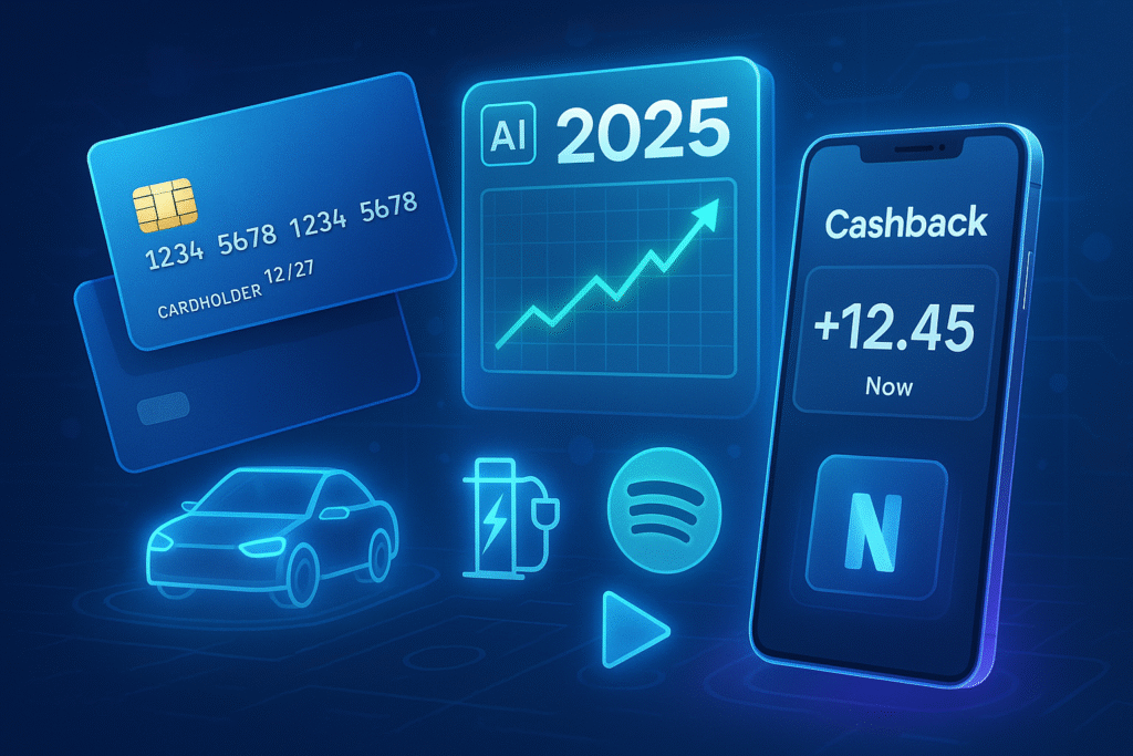 A futuristic digital finance illustration for 2025 featuring glowing credit cards, an AI-powered dashboard with an upward financial trend, a smartphone displaying real-time cashback notifications, and icons for electric vehicle charging and streaming services like Spotify and Netflix. The design uses holographic blue tones, modern fintech visuals, and a clean, tech-savvy theme.