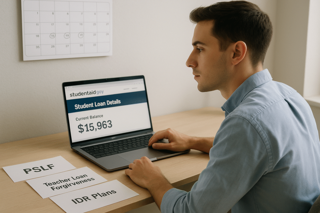 A young professional man sits at a modern desk with a laptop open to the studentaid.gov website, reviewing student loan details showing a balance of $15,963. On the desk are neatly arranged papers labeled “PSLF,” “Teacher Loan Forgiveness,” and “IDR Plans.” A wall calendar with circled reminder dates hangs above, and natural sunlight brightens the room, symbolizing hope and financial progress.
