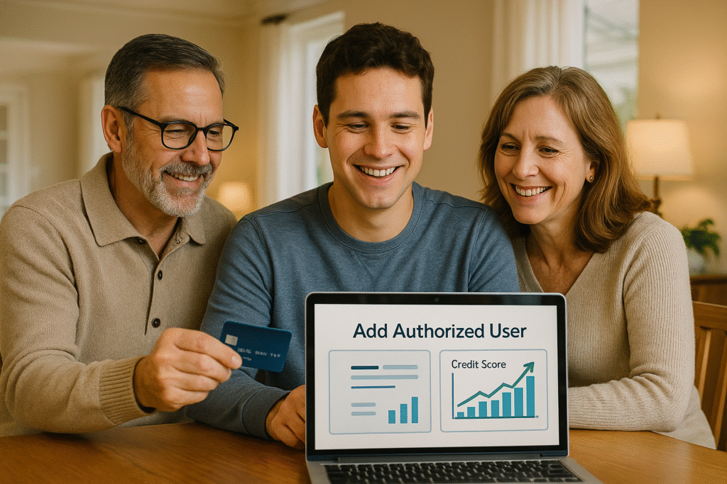 ChatGPT said:

A smiling young man sits at a dining table with his parents, looking at a laptop screen that shows “Add Authorized User” and a rising credit score chart. The father holds a blue credit card while the mother leans in with a warm smile. The cozy home setting with soft lighting creates a positive and supportive financial atmosphere.