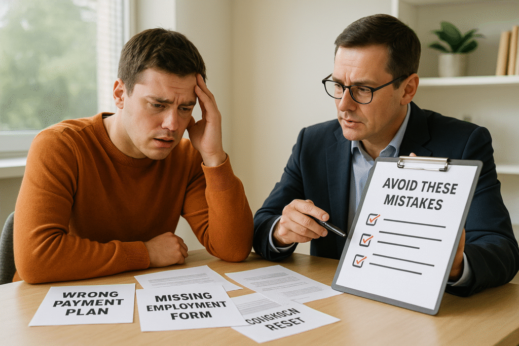 A realistic photo of a stressed borrower in an orange sweater sitting at a desk covered with student loan documents labeled “Wrong Payment Plan,” “Missing Employment Form,” and “Consolidation Reset.” Next to him, a financial advisor in a navy suit and glasses points at a clipboard checklist titled “Avoid These Mistakes.” The scene is set in a bright, modern office, highlighting financial stress and professional guidance.