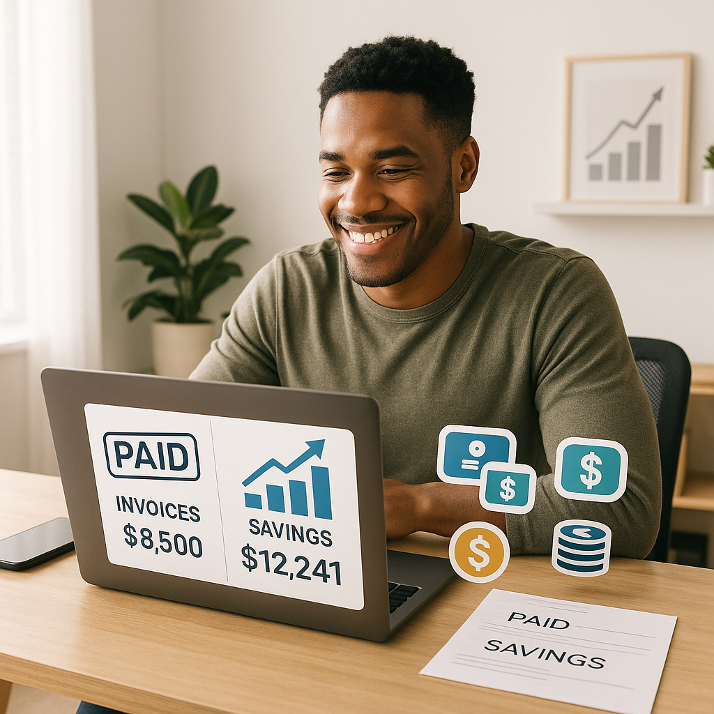 A smiling young African American freelancer sits at a modern home office desk, looking at his laptop screen showing “Paid Invoices: $8,500” and “Savings: $12,241” with a rising chart. Floating money and payment icons surround him, while a paper labeled “Paid Savings” rests on the desk. Bright natural light and minimalist decor create a motivating, successful atmosphere.