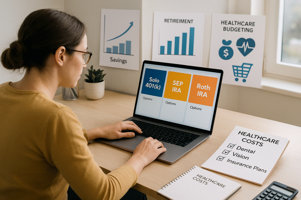 A focused freelancer with glasses and hair tied in a bun sits at a wooden desk in a bright home office, reviewing retirement account options—Solo 401(k), SEP IRA, and Roth IRA—on a laptop screen. On the desk is a notebook and a printed checklist titled “Healthcare Costs” with dental, vision, and insurance plans checked off, along with a calculator. Behind her on the wall are charts showing savings growth, retirement planning, and healthcare budgeting icons, symbolizing modern U.S. financial planning.