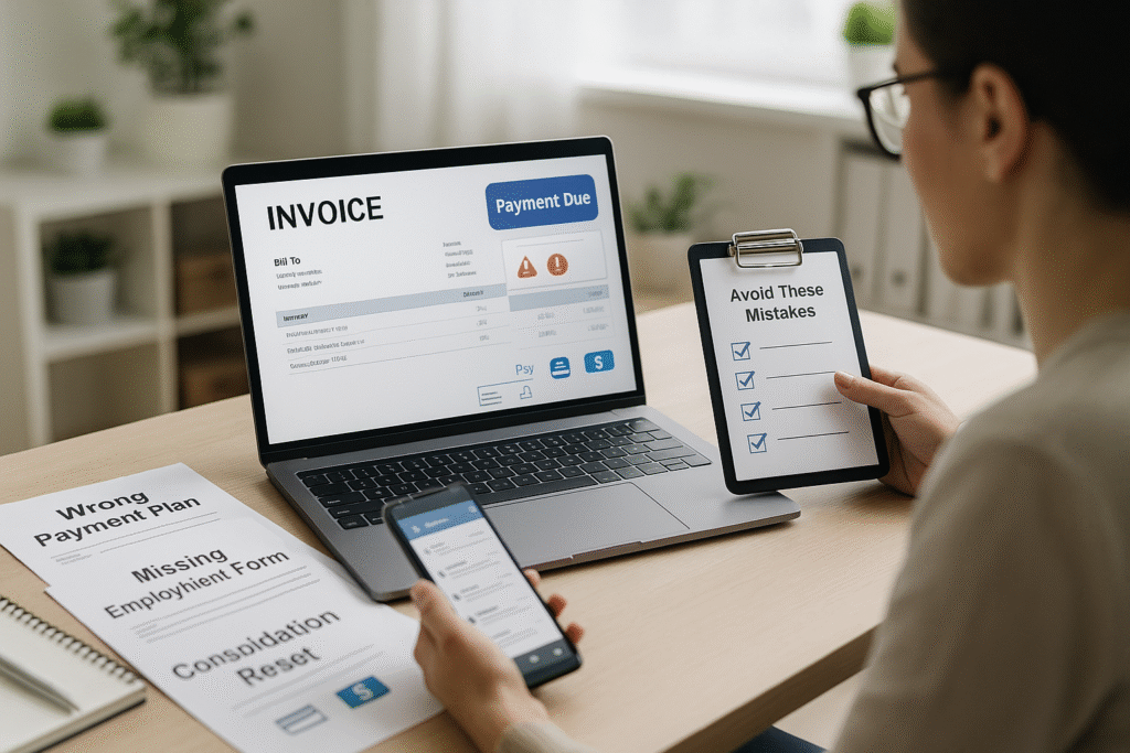 A freelancer sitting at a modern home office desk using a laptop that displays an invoice with a “Payment Due” notification. They hold a smartphone showing client emails, while a clipboard checklist titled “Avoid These Mistakes” rests nearby. The workspace is organized with loan-related documents on the desk, bright natural lighting, and a clean professional atmosphere symbolizing efficiency and timely payments.