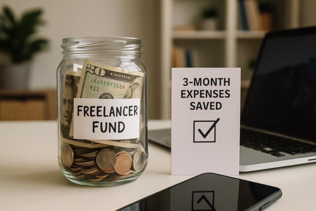 A glass jar labeled “Freelancer Fund” filled with U.S. dollar bills and coins sits on a home office desk. Next to it is a checklist card that reads “3-MONTH EXPENSES SAVED” with a bold checkmark. A laptop and smartphone are nearby, creating a bright, professional workspace that symbolizes financial preparedness for freelancers.