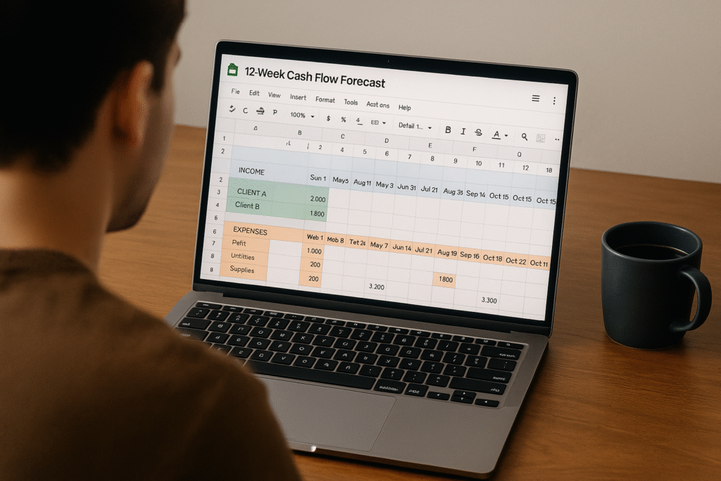 A freelancer sits at a wooden desk with a laptop open to a Google Sheets document titled “12-Week Cash Flow Forecast.” The spreadsheet shows income and expenses highlighted in different colors across weekly columns. A dark blue coffee mug sits beside the laptop, creating a focused financial planning atmosphere in a modern home office setting.