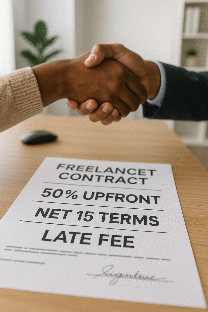 A close-up view of a signed freelancer contract on a wooden desk, with key terms clearly highlighted: “50% Upfront,” “Net 15 Terms,” and “Late Fee.” In the background, two people shake hands across the table in a modern, professional office setting, symbolizing agreement and clear payment terms.