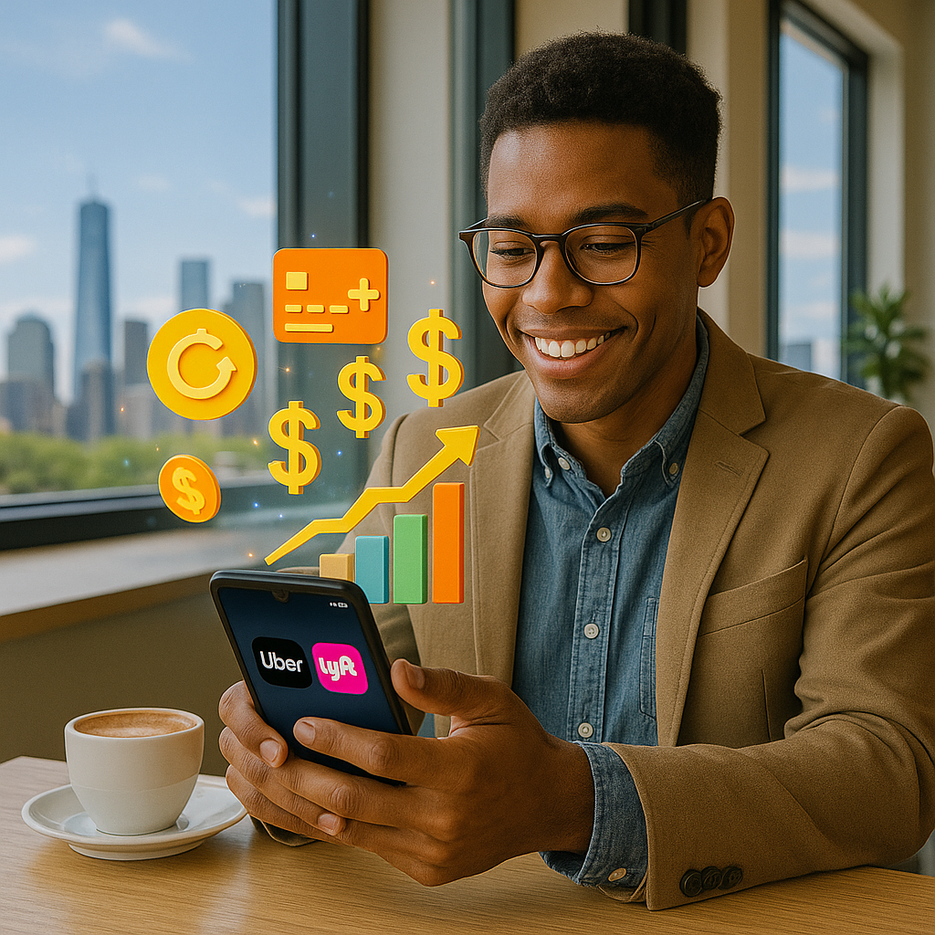A happy young professional sits in a modern café with a cup of coffee, smiling while checking their smartphone displaying Uber and Lyft apps. Floating above the phone are digital icons of cashback rewards, credit card points, dollar signs, and a rising savings chart symbolizing financial growth. Bright natural light fills the space with a clear city skyline visible through the window, creating a positive and futuristic urban rideshare atmosphere.