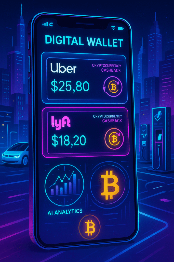 Futuristic smartphone screen displaying a digital wallet with Uber and Lyft ride payments, cryptocurrency cashback icons, Bitcoin symbols, and AI analytics charts. A neon-lit city skyline with electric vehicles, charging stations, and a self-driving car in the background creates a high-tech, futuristic vibe.