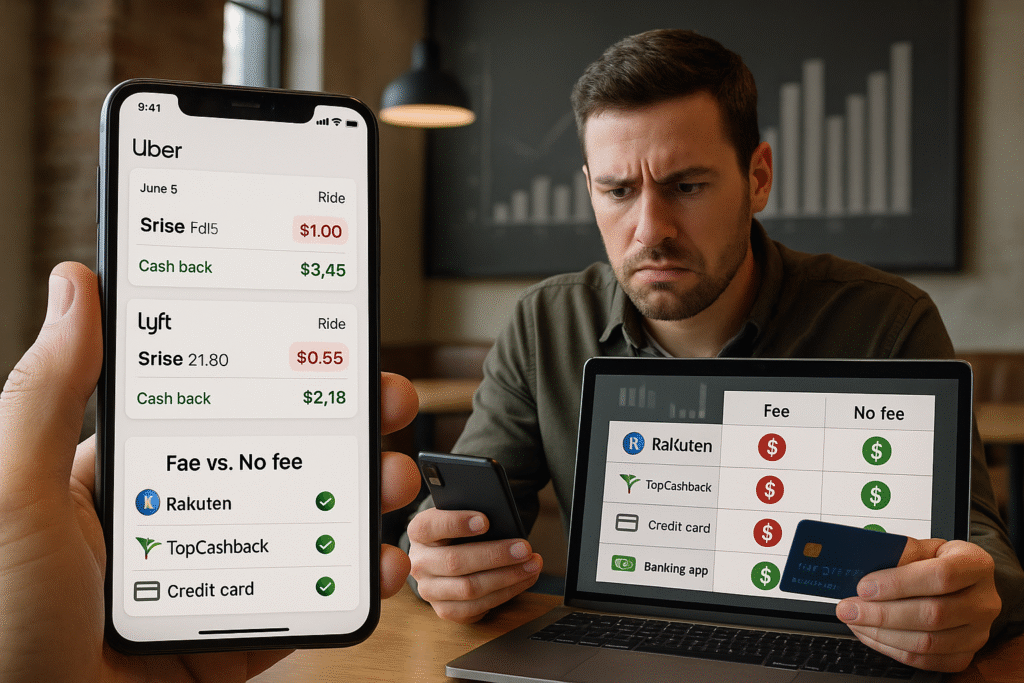 A frustrated man in a U.S. coffee shop looks at his phone and laptop showing Uber and Lyft ride receipts with small transaction fees in red and cashback amounts in green. His laptop displays a comparison chart of Rakuten, TopCashback, credit cards, and banking apps, highlighting fee vs. no-fee options.