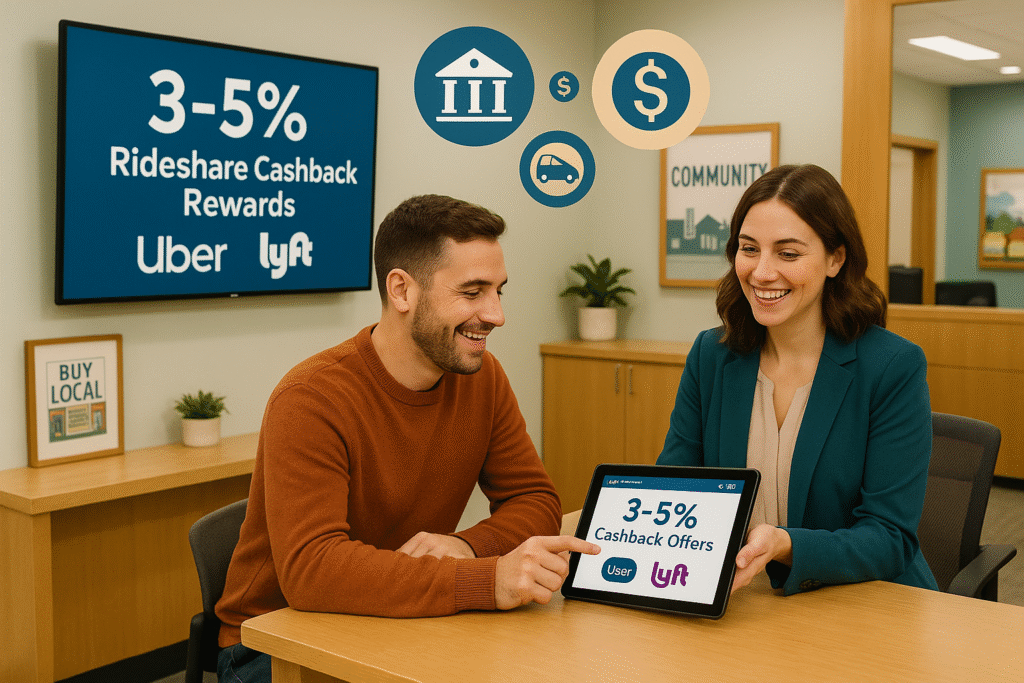 A smiling credit union representative shows a customer cashback offers for Uber and Lyft on a tablet, while a digital display in the background promotes 3–5% rideshare cashback rewards. Floating icons of money, mortgage, and rideshare benefits emphasize financial perks in a bright, community-focused credit union branch.