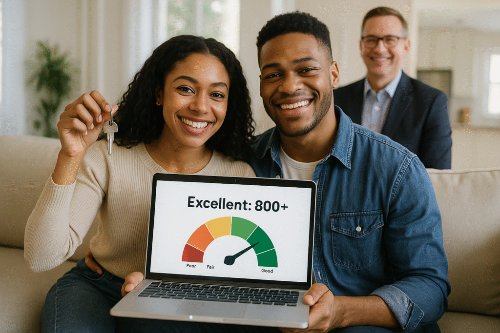 A smiling young African American couple sits on a sofa in their new home. The woman proudly holds a house key, while the man shows a laptop screen displaying a credit score reading “Excellent: 800+.” In the background, a financial advisor smiles, completing the scene of financial success and homeownership.