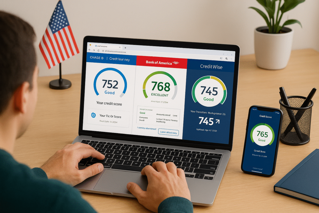 A person sitting at a desk in the USA using a laptop with multiple tabs open showing free credit score dashboards from Chase (752), Bank of America (768), and Capital One CreditWise (745). A smartphone on the desk displays another credit score (765). The workspace is organized with a small American flag, plant, notebook, and pen holder, symbolizing modern financial tech and easy credit score tracking.