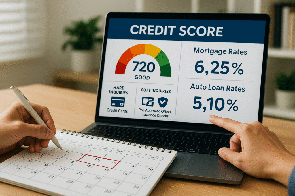 A close-up of a financial planning scene showing a calendar with a 14-day window highlighted, a laptop displaying a credit score of 720 with sections for hard inquiries (credit cards), soft inquiries (pre-approved offers and insurance checks), and loan comparison rates including 6.25% for mortgages and 5.10% for auto loans. A hand is marking the calendar while another points at the laptop screen in a modern home office setting.