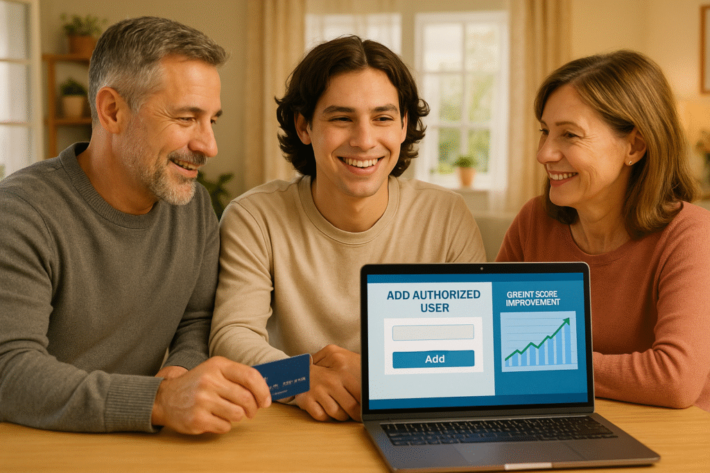 A smiling young adult sits with his parents at a dining table in a warm, family-friendly home setting. The father holds a credit card while the mother rests her hand on the son’s arm. A laptop on the table displays a banking portal with the words “Add Authorized User” and a rising credit score improvement chart, symbolizing positive financial growth and family support.