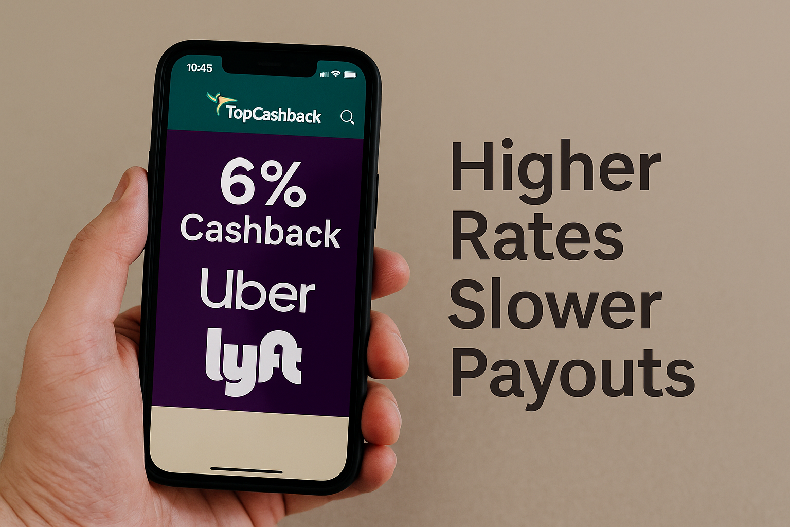 A person holding a smartphone displaying the TopCashback app with a 6% cashback offer for Uber and Lyft rides, with the text "Higher Rates, Slower Payouts" on a beige background.