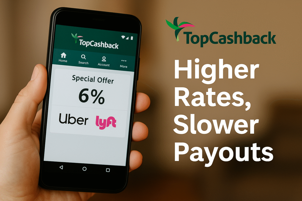 A person holding a smartphone showing the TopCashback app with a special offer of 6% cashback for Uber and Lyft rides, alongside the text "Higher Rates, Slower Payouts" on a beige background.